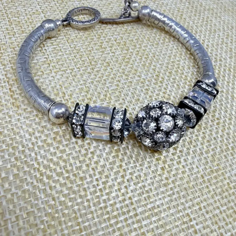 Saki 925 Sterling Silver Crystal Cube Rhinestone Bracelet Toggle Clasp 6.25 Inch